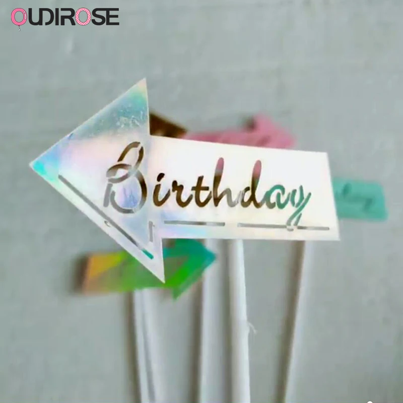 Creative Symmetrical Arrow Signpost Happy Birthday Cake Toppers Color Laser Paper Cupcake Topper Birthday Party Decor Supplies