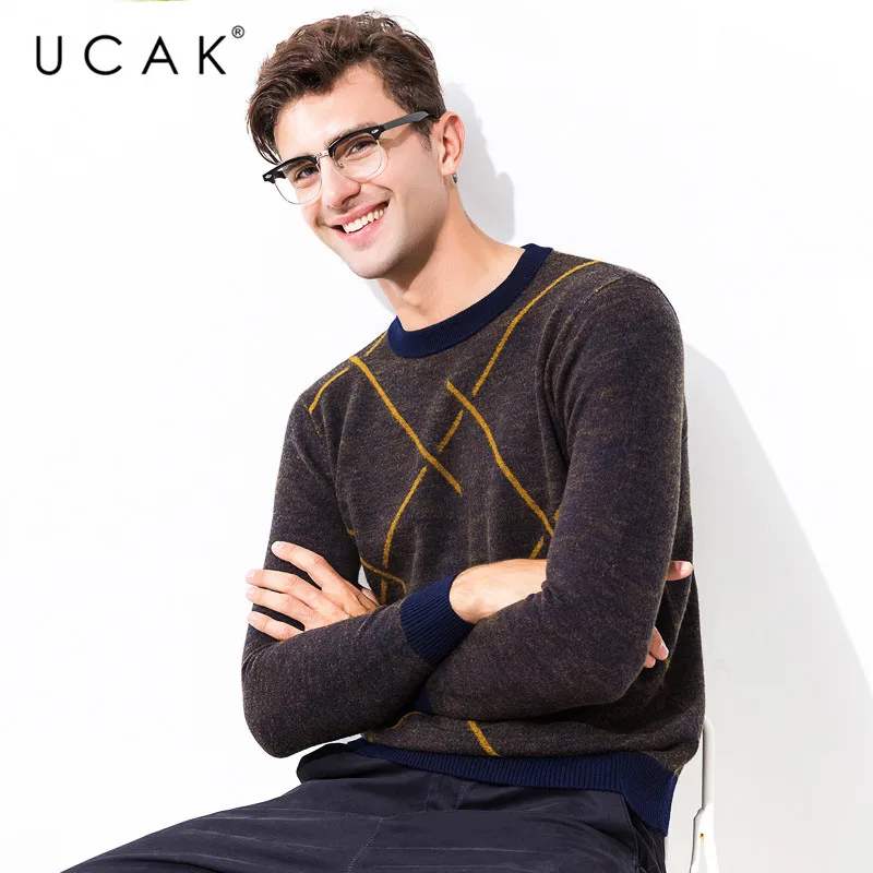 Discount UCAK Brand Sweater Men Pure Merino Wool Pullover Men Fashion Striped Pull Homme Autumn Winter Thick Warm Cashmere Sweaters U3065