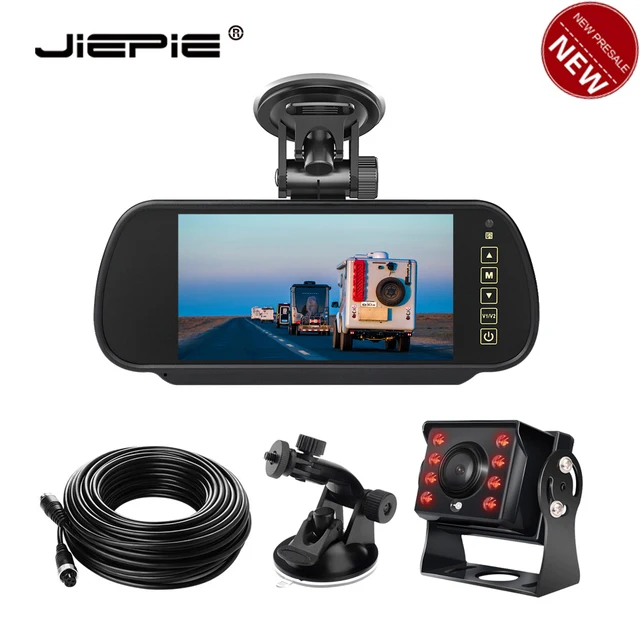 JIEPIE Car Wired Rear view System 7 Rearview mirror monitor with IR night vision 4Pin rear view parking camera for Trucks RVs