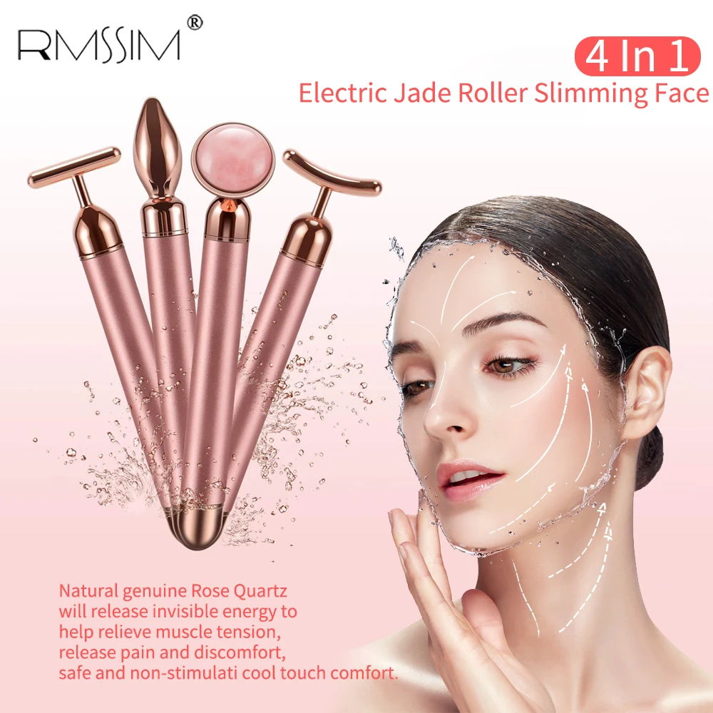 4 IN 1 Electric Facial Jade Roller Set Vibrating Face Massager Lifting Skin Tightening Anti-wrinkle Care Tool | Красота и здоровье