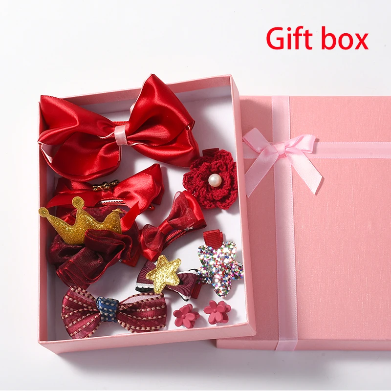 Gift box- wine red 10 шт./кор. дети милые женские аксессуары для волос комплект детскими волосами круг ткань с цветочным узором и бантом, заколки для волос для девочек, повязка на голову - Цвет: Gift box- wine red