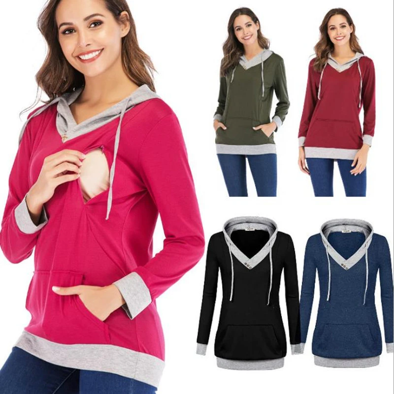 

Autumn Maternity Nursing Hoodie Pocket Zipper Can Lactation Clothes Pregnant Woman Sweater Breastfeeding Top Pregnancy Coat