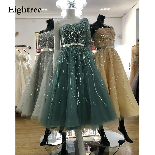 Sparkly Short Saudi Arabic Dusty Blue One Shoulder Beads Sequin Prom Dresses Long Sleeve Dubai Tea Length Evening Party Gowns | Свадьбы и