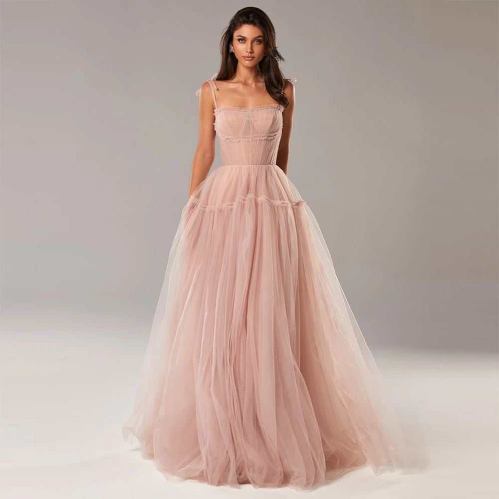 Sevintage Blush Roze/Blauw Lange Prom Dresses 2021 Spaghettibandjes Tiered Rok A-lijn Party Jurken Plisse Tulle Formele Gowns