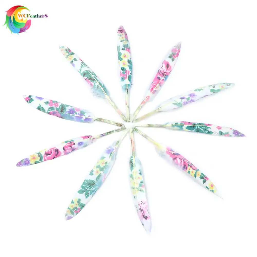 B as picture 10pcs Beautiful Natural Goose Feather 4-6inches Printing Flower Feathers Wedding Jewelry Headdress DIY Crafts Feather - Цвет: B as picture