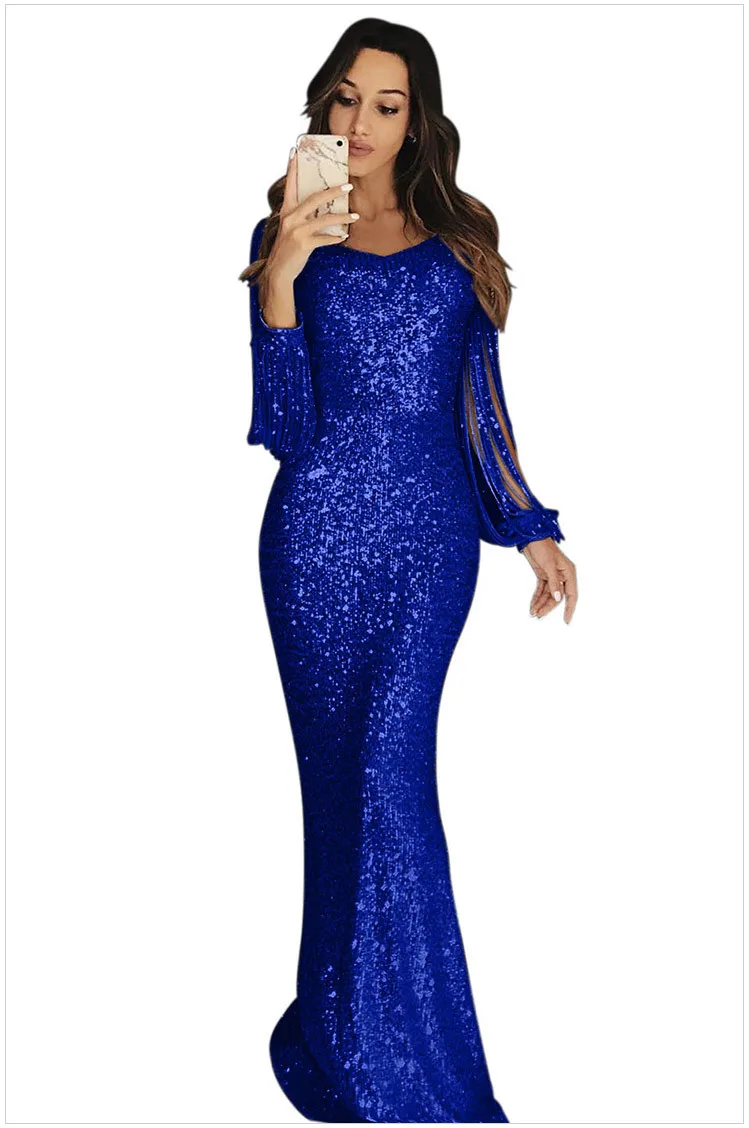 Lugentolo женское платье с v-образным вырезом и кисточками, с длинным рукавом, однотонное, тонкое, сексуальное, элегантное, 5 цветов, плюс размер XXL - Цвет: Синий