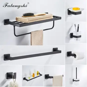 

Falangshi Black Bathroom Hardware Set 304 Stainless Steel Towel Rack Toilet Paper Holder Bathroom Shelf Wall Mounted WB8842