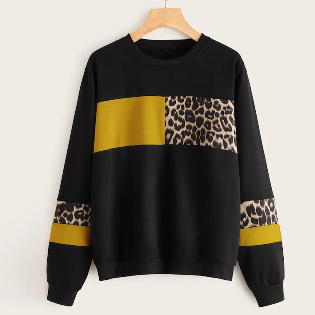 Women Sweatshirt Autumn pullovers Leopard Print O-Neck Patchwork long sleeve Cotton Long Sleeve Tops for female sudadera mujer