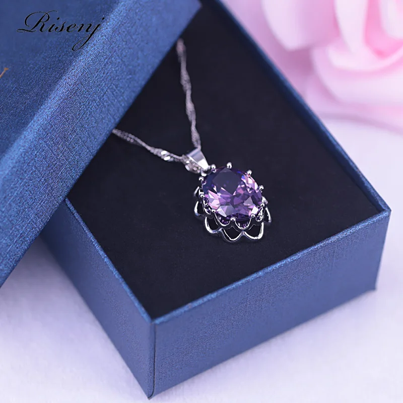 Big Sale AAA Purple Cubic Zircon Silver 925 Costume Jewelry For Women Ring Earrings Necklace With Pendant Set Bridal Jewellry