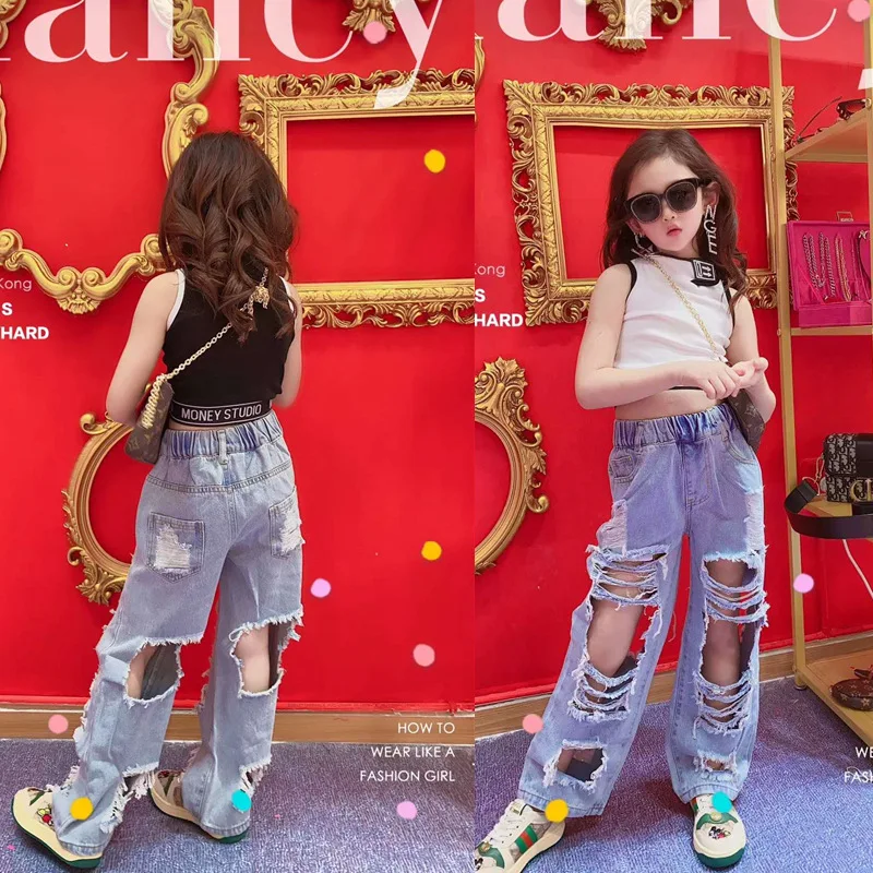 Тренд свободного покроя для больших детей Рваные джинсы с принтом beggars|Брюки| |