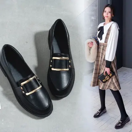 

British-Style Small Leather Shoes Women's Autumn & Winter 2019 New Style Students Korean-style Versatile plus Velvet Flat Black