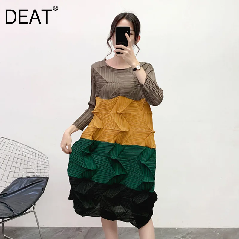 [DEAT] New Fashion Style Women‘s Pleated Dress Leisure Style O Collar Panelled Full Sleeve Diamond Pleats Mid-calf Length AQ175