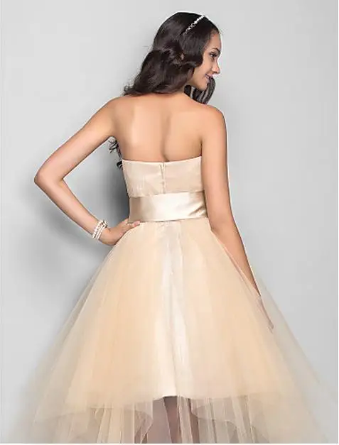 Robe de soriee Новые коктейльные платья цвета шампанского без бретелек длиной до середины икры из тюля и сатина платье для выпускного вечера