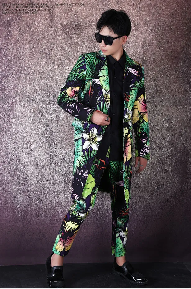 Для мужчин цветочный принт Slim Fit повседневный костюм, жакет мужской уличной моды хип хоп Блейзер Куртка Верхняя одежда сценическая одежда - Цвет: long jacket pant