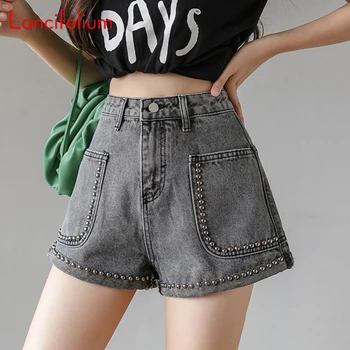 

Black Jeans Shorts Women Summer Korean Beading Rivet High Waisted Deinm Shorts Jeans Ladies Sexy Short Pants Casual Mom Shorts