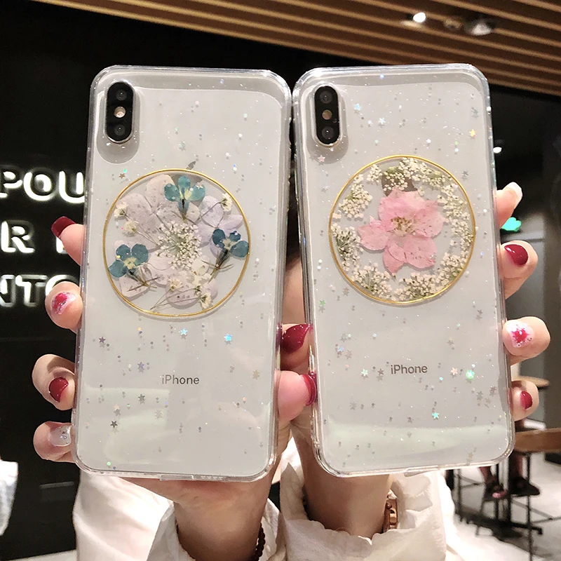 Настоящие сухие цветы Чехлы для iPhone X XR XS Max чехол ручной работы прозрачный мягкий