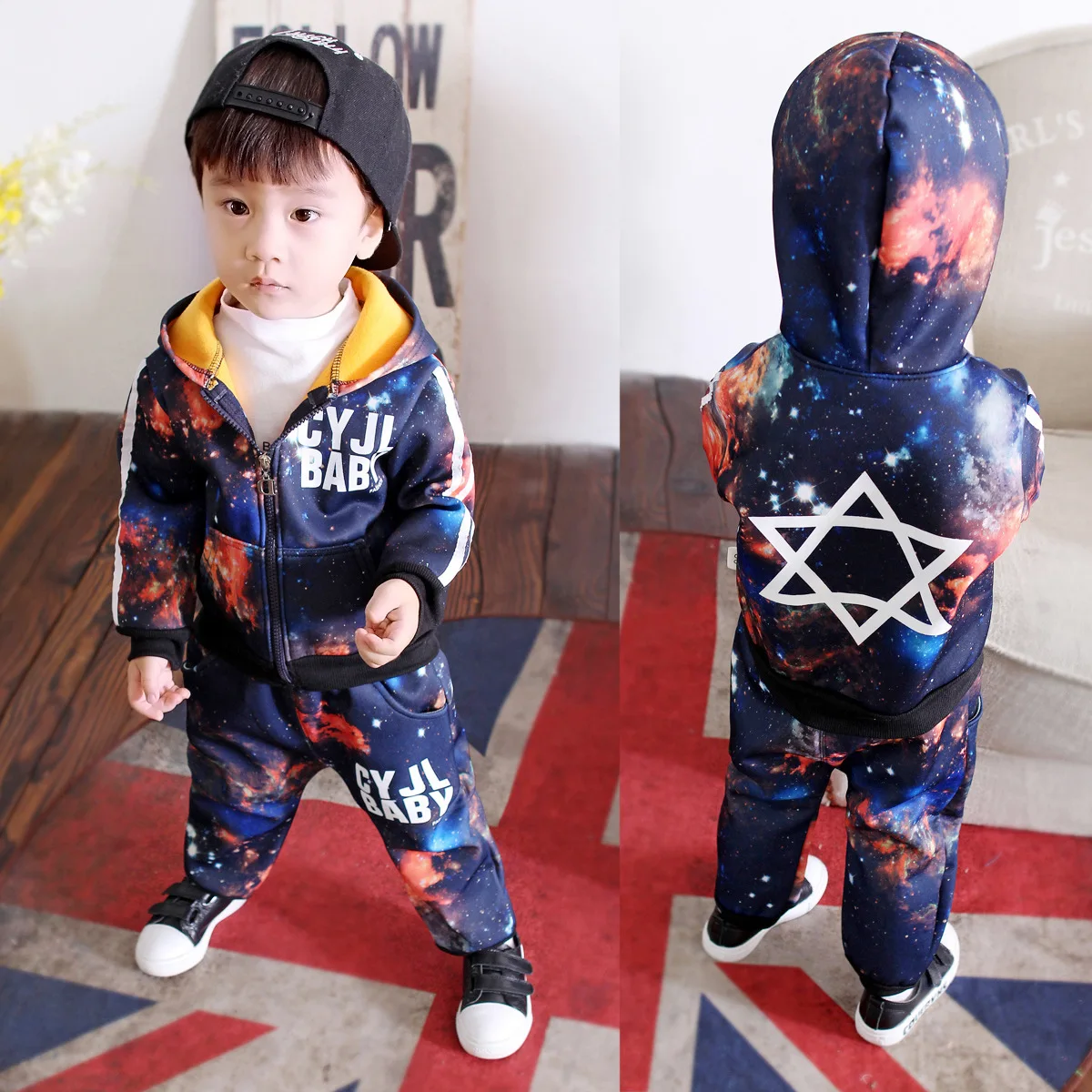 

BOY'S Suit 2018 New Style Korean-style Star Pattern plus Velvet Hoodie Medium-small Childrenswear Two-Piece Set Warm Sports Clot