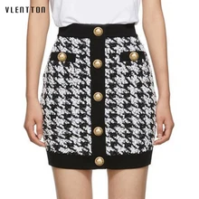 Качественная осенне-зимняя шерстяная твидовая Женская юбка в клетку с пуговицами льва и узором «гусиная лапка», высокая талия, Офисная Женская Сексуальная Мини юбка макси