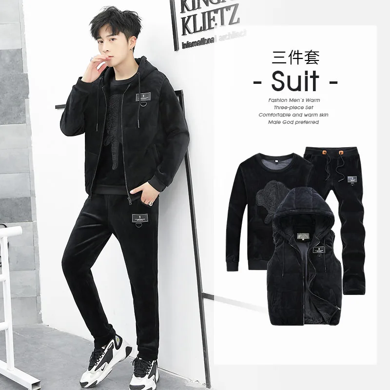 

Plus Size M-4XL Gold Velvet 3 Piece Set Sportswear Men Suit Set Elephant Embroidery Men Sports Suit Hooded Vest Tracksuit Pants