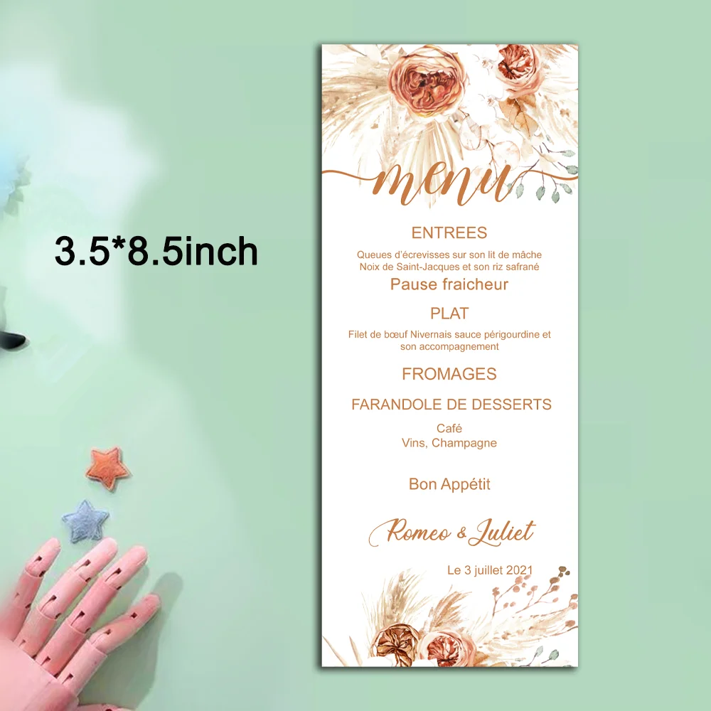 Modello di Menu di nozze moderno personalizzato, Menu della cena della Reception, modello di Menu bohémien, Menu minimalista dell'erba di pampa