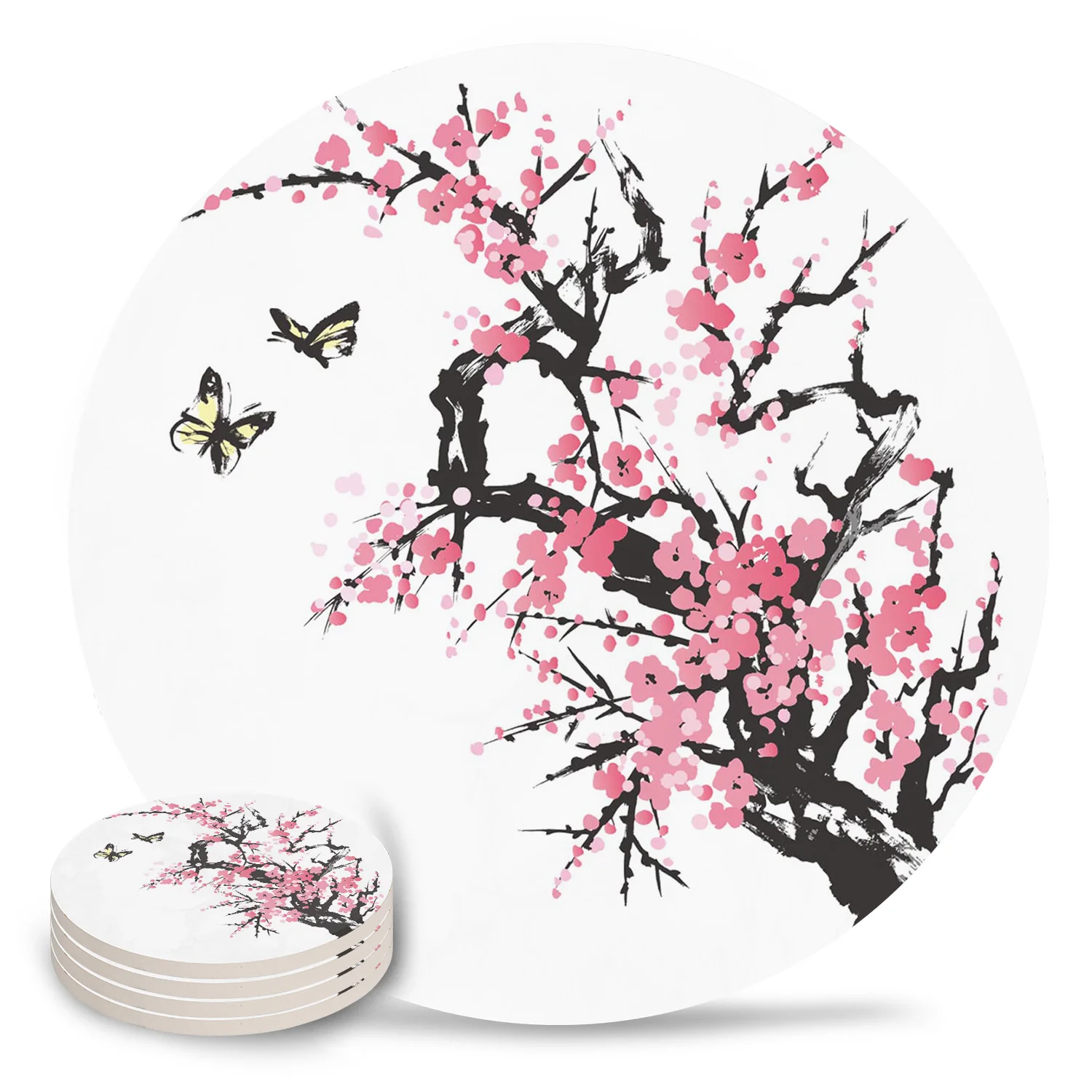 Cherry Blossoms Pink Butterfly Tree Flower Coasters Ceramic Coaster Pad Round Table Mat Coffee Tea Cup Place Mats | Дом и сад