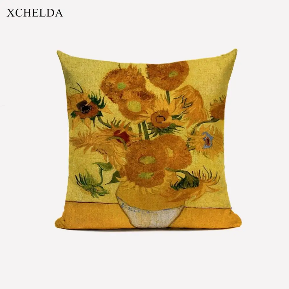 Linen Cushion Covers Van Gogh Oil Painting 45*45 Sofa Home Decorative Pillow Case Sunflower Starry Sky Print Car Seat Pillowcase