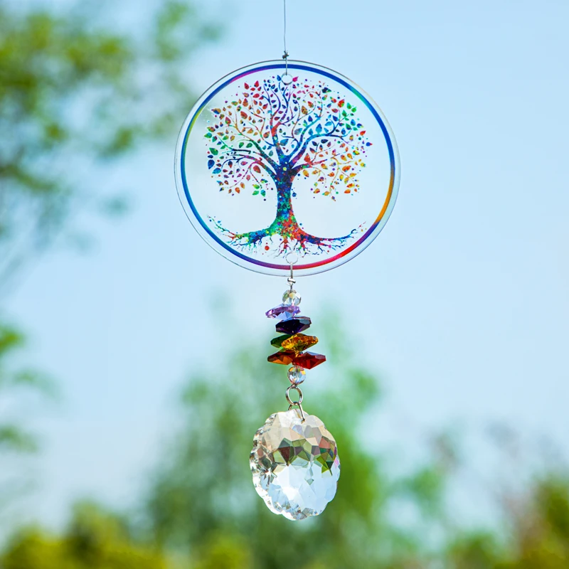 H&D Chakra Tree of Life Suncatcher Handmade Crystal Mandala Prism Decor Window Car Wall Art Hanging Ornament for Home Office sun catcher,sun catchers,window ornament