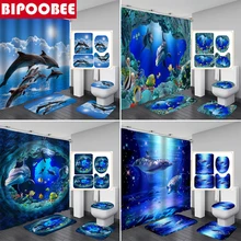 3D Oceaan Ontwerp Dolfijn Waterdichte Stof Badkamer Gordijn Douche Gordijnen Set Anti-Skid Tapijten Wc Deksel Cover Badmat