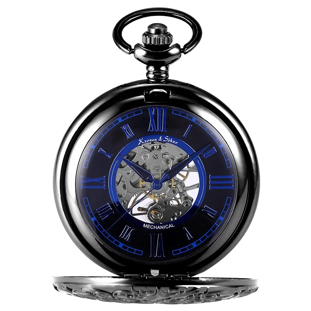 KS Золотой стимпанк римские механические синие карманные часы ручные обмотки Мужские часы брелоки с длинной цепочкой брелоки часы+ коробка/KSP073 - Цвет: Black KSP072