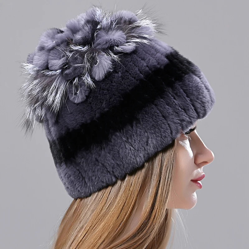 Russian Winter Real Fur Hat Hot Sale Natural Rex Rabbit Fur Warm Cap Ladies Knitted 100% Geunine Fur Hats 2