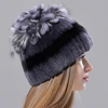 Russian Winter Real Fur Hat Hot Sale Natural Rex Rabbit Fur Warm Cap Ladies Knitted 100% Geunine Fur Hats 2