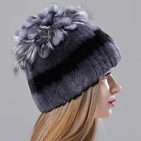 Russian Winter Real Fur Hat Hot Sale Natural Rex Rabbit Fur Warm Cap Ladies Knitted 100% Geunine Fur Hats 2