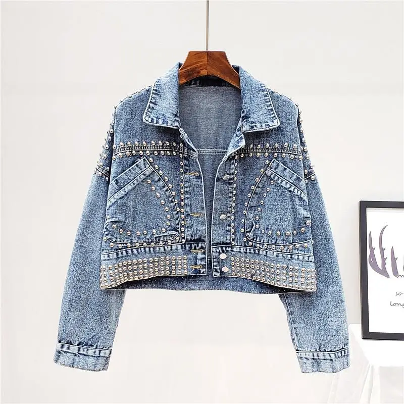 Casual Jeans Jacket Handwork Rivet Studded Denim Jacket Button Women