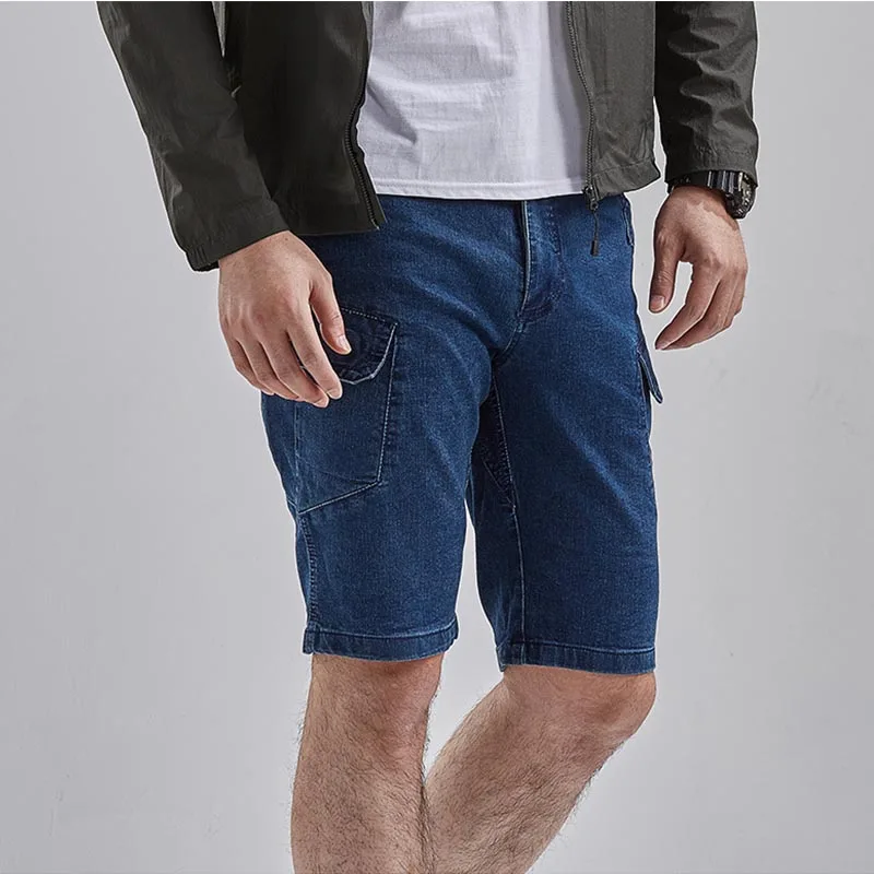 KIOVNO Men's Cargo Denim Shorts With Multi Pockets Military Style Jeans Shorts For Male Outdoor Blue Black (16)