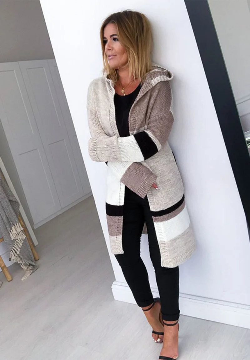 Multicolored Panelled Stripes Women Knitted Sweaters Hooded Long Sleeves Loose Long Knitting Cardigan Coats Girls Casual Sweater