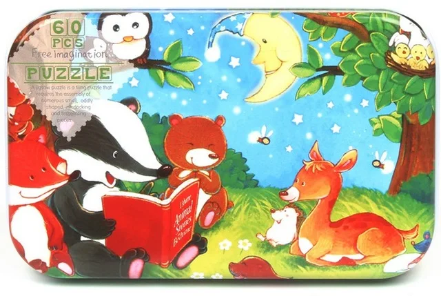 Красивые деревянные игрушки-пазлы 60 шт. с железной коробкой, Детские Мультяшные животные, деревянные Обучающие игрушки-пазлы для детей, рождественские подарки - Цвет: CZS0203-T