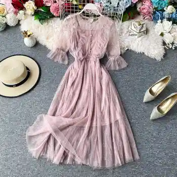 

Elegant Summer Dress for Women Clothes 2020 Korean Boho V Neck Midi Long Dress + Belt Vintage Ladies Fit Polka Dot Dresses