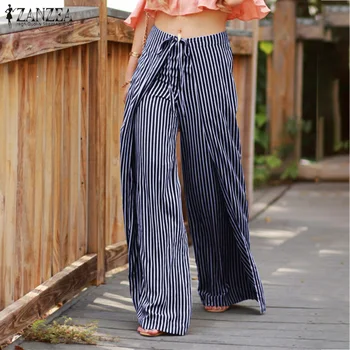 

Women Wide Leg Pants ZANZEA 2020 Summer Fashion Ladies Striped Print Long Trousers Casual Baggy Back Zipper Streetwear Pantalon