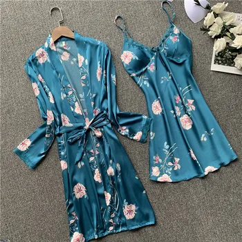 

2020 Women Sleepwear Sexy Lace Femme Robe & Gown Sets Sleep Lounge Ladies Summer Silk Nightwear Bathrobe Night Dress