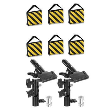 

6Pcs Dual Handle Sandbag, Black/Yellow & 2Pcs Reflector Stand Holder Light Stand Bracket Photography Studio Metal