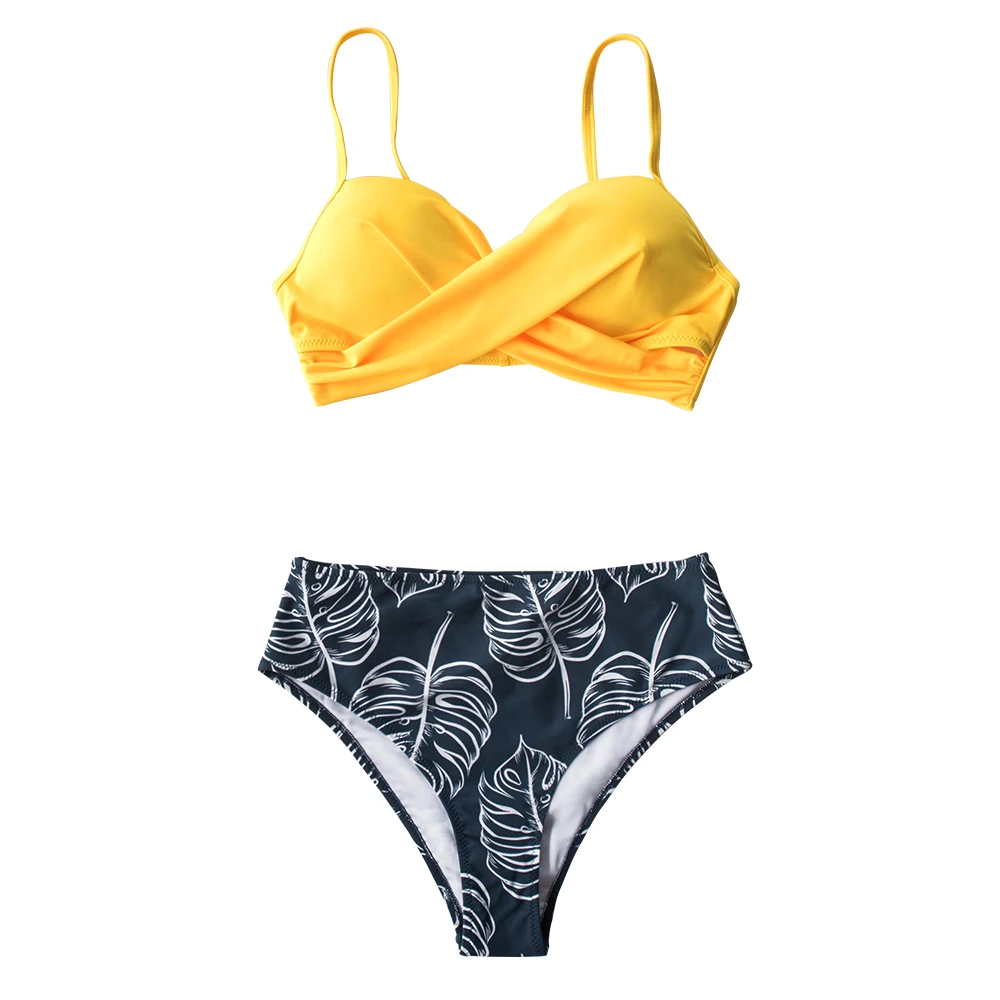 CUPSHE желтый твист-передний пальмовый принт с высокой талией бикини наборы сексуальный купальник из двух частей купальники для женщин пляжные купальники - Цвет: Многоцветный