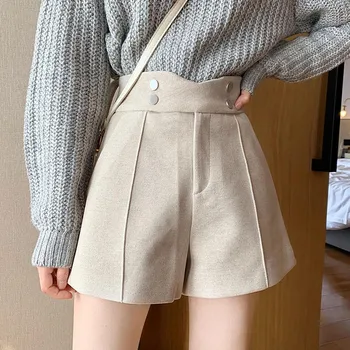 

Women Solid Color Casual Wide Leg Shorts Woolen Double Pocket High Waist Autumn Winter Shorts With Button