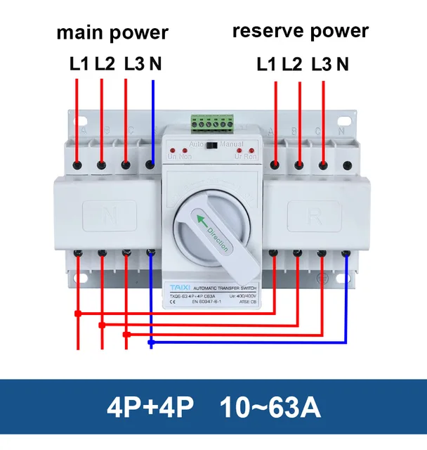 Interruttore Trasferimento Automatico 400V 4P 63A - Per Alimentazione Di Emergenza 3 Fasi