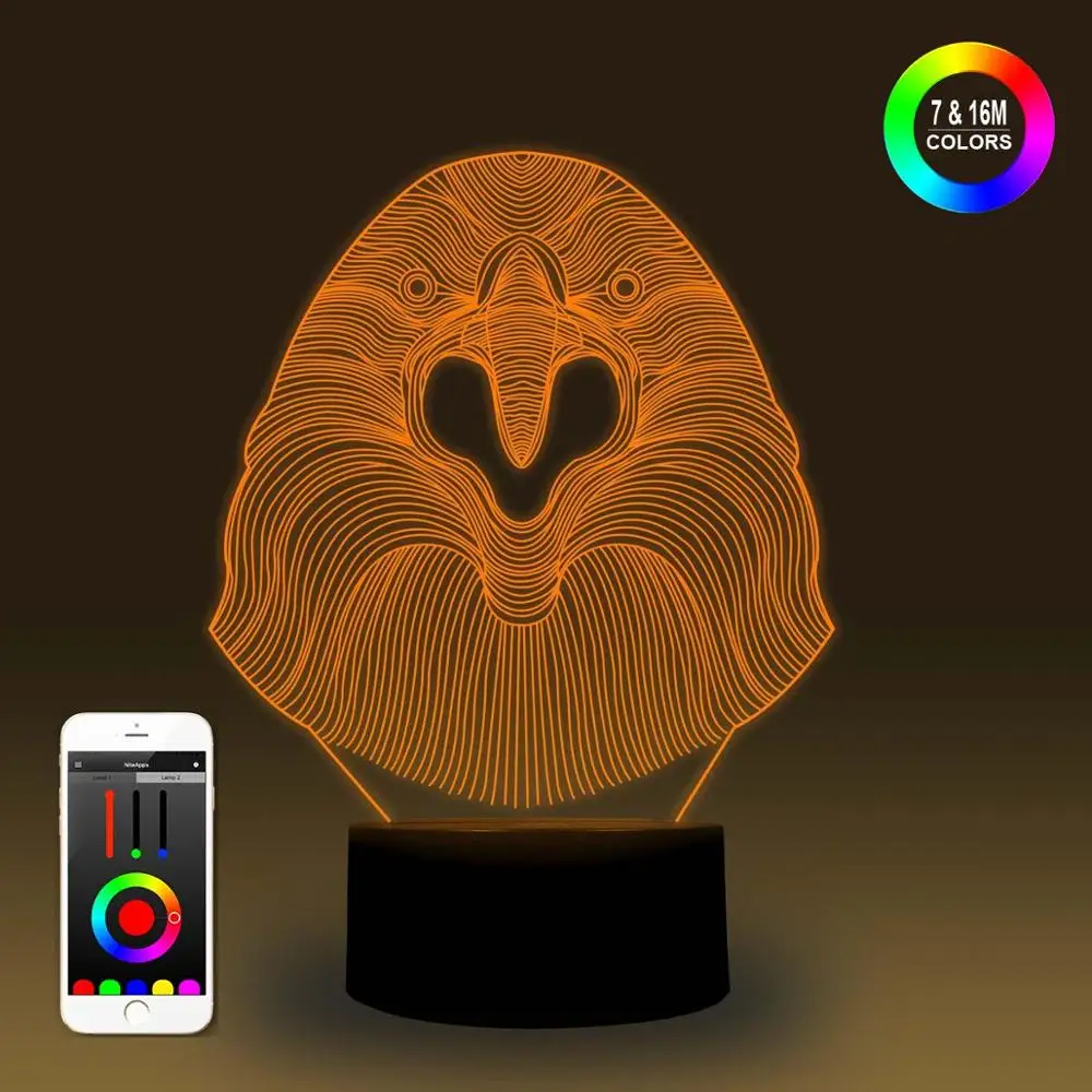 NiteApps 3D голова Орла ночник стол Иллюзия Украшение лампы подарок на день рождения приложение/сенсорный контроль