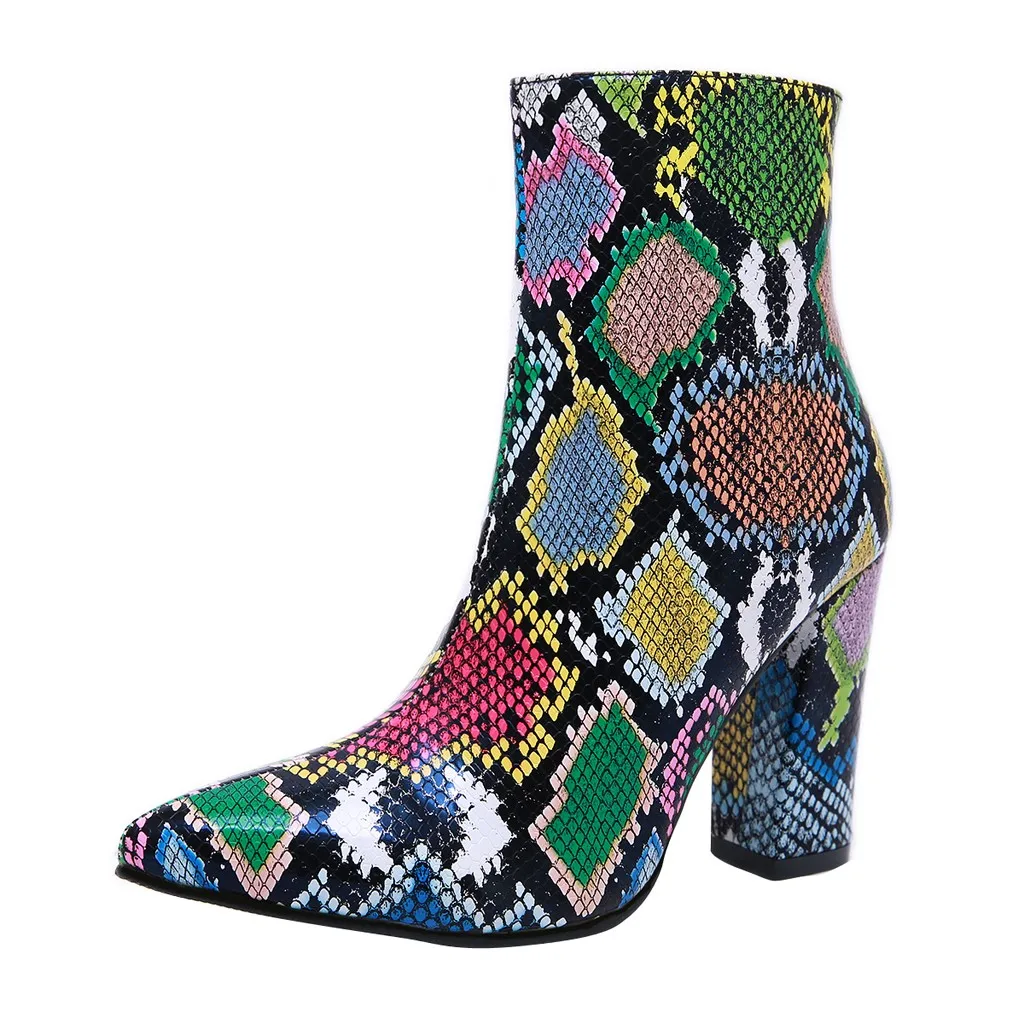 

SAGACE Shoes Boots Women Boots Pointed Toe Boots Square Heels Boots Multicolor Snake Pattern Shoes Ankle Boots For Women