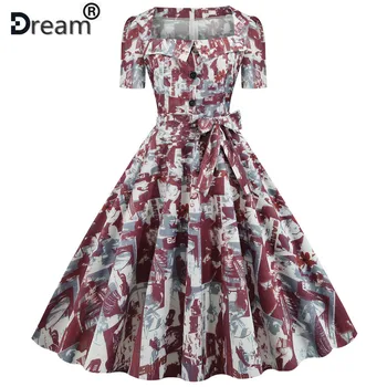 

Summer Dress 2020 Women Floral Print Swing Vintage Dresses Robe Femme Elegant Polka Dot Pin Up Party Dresses Plus Size Jurken