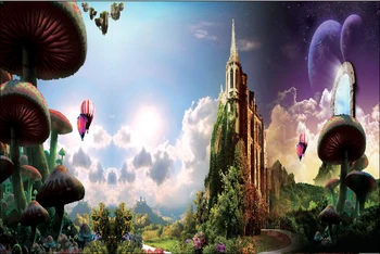 

5x7FT Alice Wonderland Mushroom Castle Green Mountain Path Custom Photo Studio Backdrop Background Vinyl 220cm x 150cm