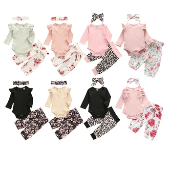 

2020 Summer Baby Girls Outfits Long Sleeve Round Neck Solid Color Top + Floral Print Pants + Headband Set 0-24M Toddler Clothing