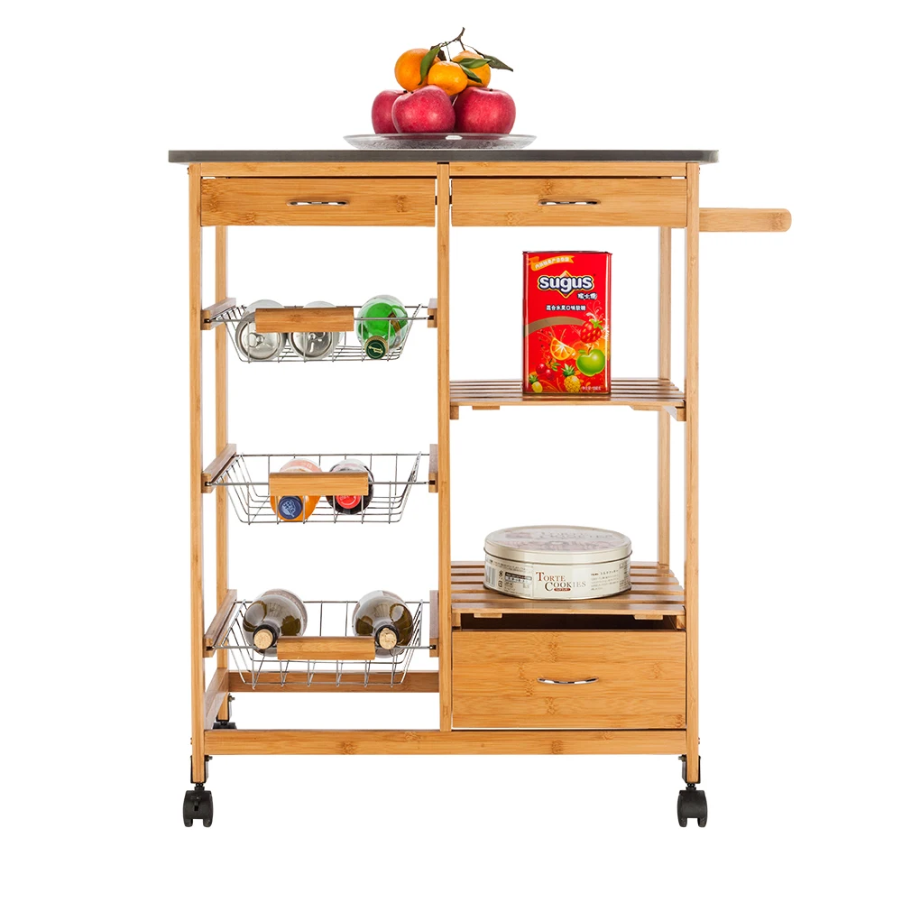 

Moveable Kitchen Cart with Stainless Steel Table with Three Drawers & Three Baskets