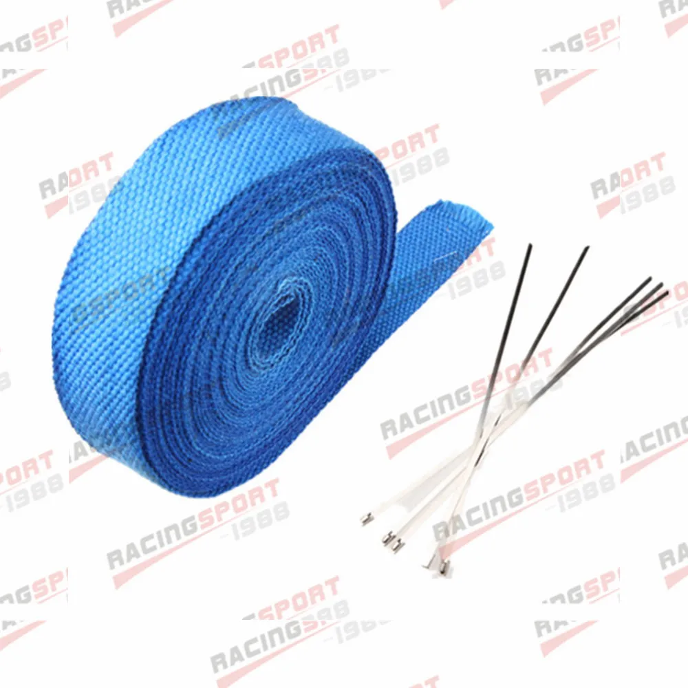 Blue Exhaust Header Heat Wrap Tape - 2 Rolls X 50FT (15M) With 10 Steel Ties, 6-Month Warranty